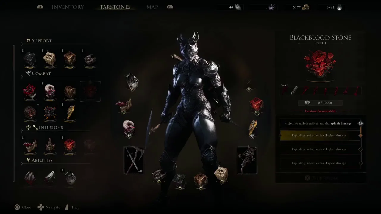 Blackblood Stone menu showing mid-air splash damage and a Tarstone Incompatible message for the currently selected equipment