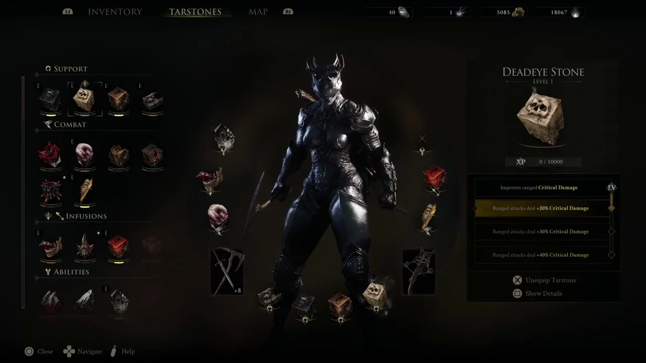 Deadeye Stone selected under Support with its ranged Critical Damage upgrades shown